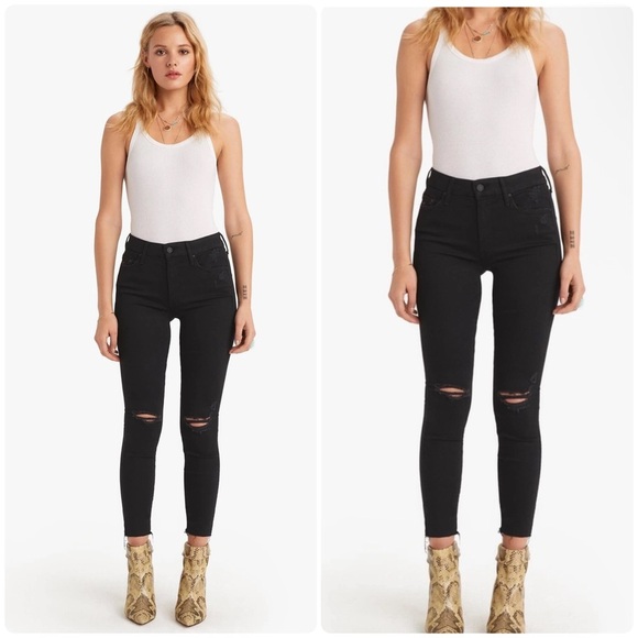 New! Mother Looker Ankle Fray Distressed Black Skinny Jeans in Guilty in Sin🖤25 - Picture 4 of 9